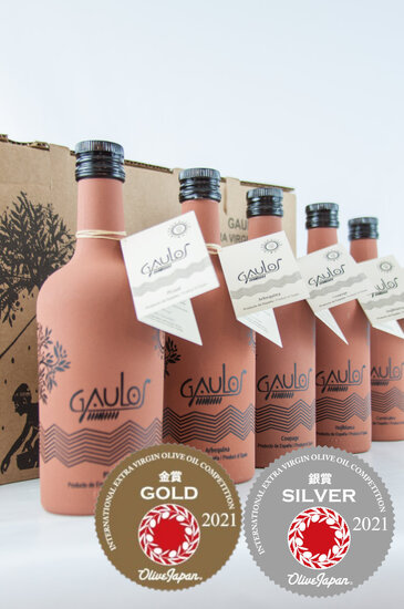 Pack de 5 botellas de aceite de oliva virgen extra Gaulos Cosecha Temprana, calidad premium.