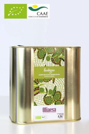 Lata de aceite de oliva virgen extra ecológico, diseño elegante y práctico para conservar su calidad.