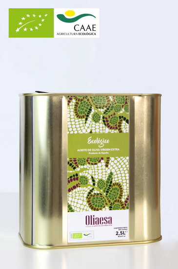 Lata de aceite de oliva virgen extra ecológico, diseño elegante y práctico para conservar su calidad.